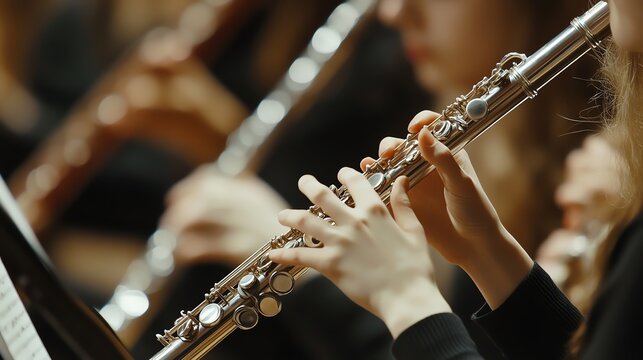 A flutist's hands play a silver flute in a performance.