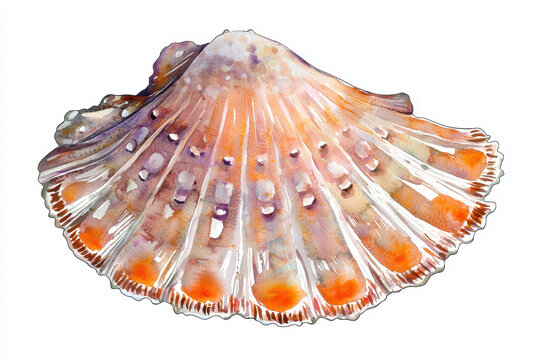 A colorful scallop shell displaying intricate patterns and textures, showcasing its natural beauty in a vibrant, ocean-inspired design.
