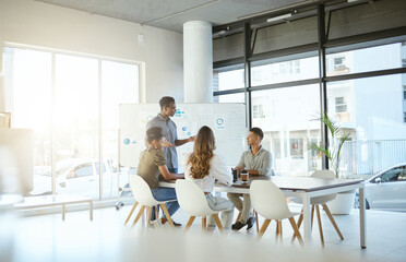 Business people, presentation and meeting with whiteboard for discussion, collaboration or...