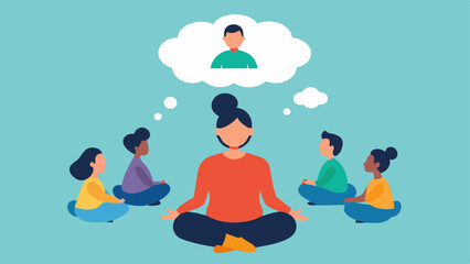 Visualization Techniques An instructor leading a visualization exercise with colorful thought bubbles depicting peaceful imagery above participants heads.