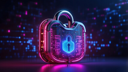 Neon digital padlock in dark space cyber security concept