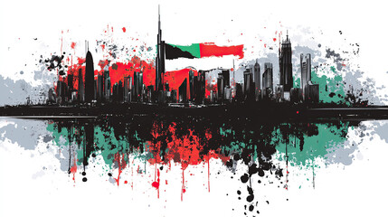 Abstract vector illustration of Dubai city skyline with the national flag on a white background, featuring vibrant color splashes and brush strokes in black, red, and green.