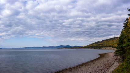 Miguasha Provincial Park fossil cliffs in Quebec, Canada. Miguasha is a World Heritage Site for recognition of its wealth of fossils, which display a crucial time during the evolution of Earth