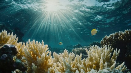 Fototapeta premium Coral Bleaching Underwater Scene with Sunlight Rays