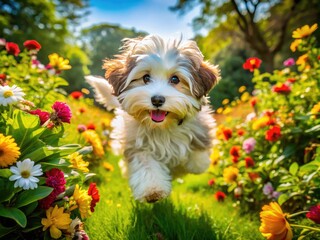 Discover an enchanting aerial view showcasing a playful Havanese puppy amidst a vibrant green parkâ€”perfect for dog lovers and pet enthusiasts alike.