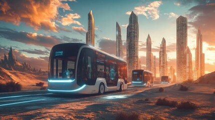 A group of sleek, autonomous vehicles moves along a sandy path at sunset, surrounded by tall, reflective skyscrapers that rise against a colorful sky filled with vibrant clouds.