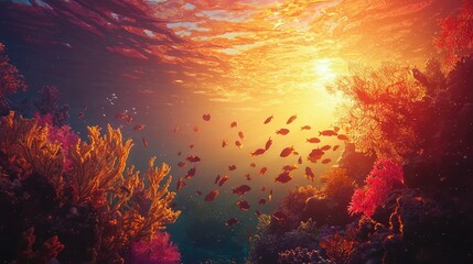 Coral Reef Sunset Scene with Vibrant Colors