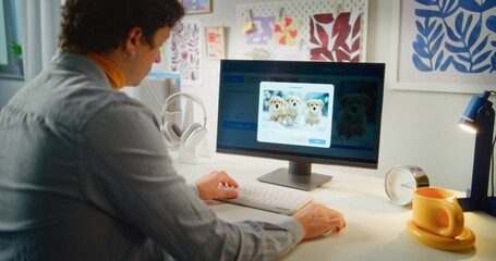Close up of man typing prompt in AI image generator on computer. PC screen shows artificial...