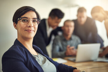 Office, confident and woman with glasses, colleagues and smile for project, collaboration and...