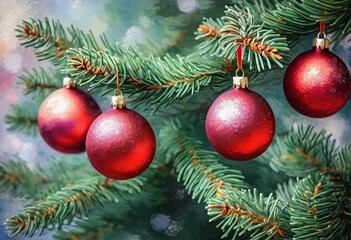 Colorful Christmas decorations adorn the branches of a spruce tree, vibrant balls in shades of red and pink, embodying holiday cheer in winter. Happy New Year art bokeh background. Generative AI