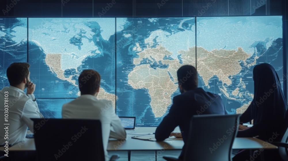Fototapete A group of professionals observes a large digital map displaying global data in a high-tech conference room. They engage in discussion, focusing on strategic planning and analysis of information.