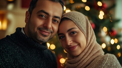 Young multiethnic couple is celebrating christmas at home and enjoying spending time together during the most wonderful time of the year