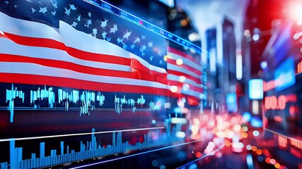 Close-up of a computer screen displaying a stock market chart with the American flag in the background. The screen is blurred and the city lights are visible in the background. - Powered by Adobe