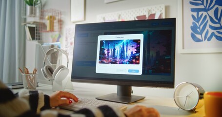 Girl enters text prompt in artificial intelligence software on computer. AI image generator creates...