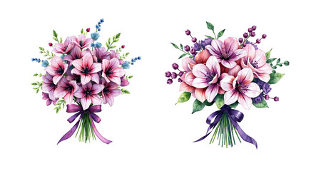 office farewell surprise arrangement bouquet with deep purple, delicate flowers and split-leaf leaves, isolated on white, brush stroke, paint style