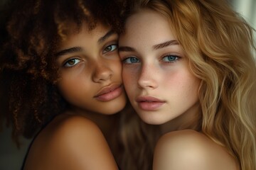 Obraz premium Portrait of two best friends embracing with gentle expressions