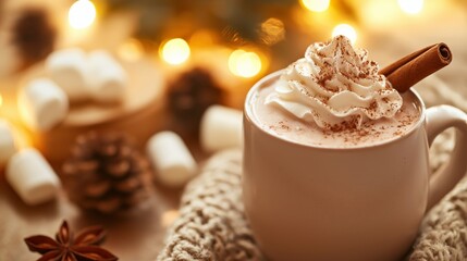 Enjoy a steaming mug of hot chocolate with whipped cream and marshmallows on a cozy winter evening,...