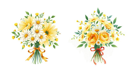 Fototapeta premium milestone birthday bouquet with light yellow, daisys and tea leaves, ink style, set of brush strokes, isolated on white background