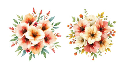 grand opening floral arrangement bouquet, big flowers with willow leaves, on white background, stylized watercolor, brush stroke