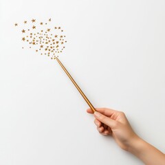 Fototapeta premium Hand holding a magic wand with sparkling stars on a white background.
