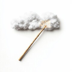 Whimsical cloud made from cotton, attached to a stick, isolated on white background.