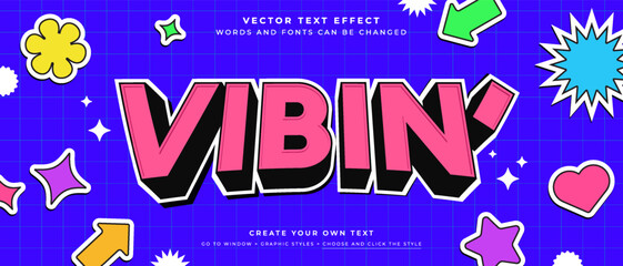 Good vibe text effect on blue abstract background with stickers, vector graphic style