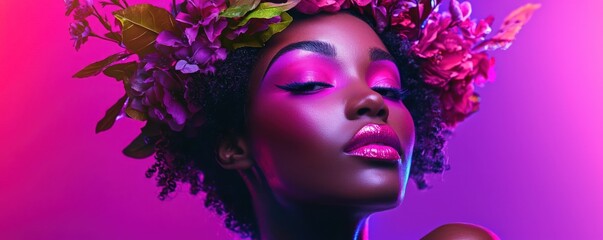 Under a purple spotlight, a woman with bright pink makeup and a flower crown poses.