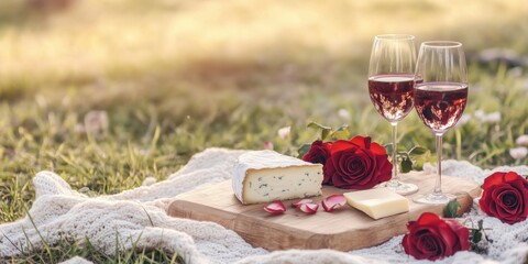 Perfect for a picnic: a blanket on the grass, wine glasses, cheese plate and a bouquet of red roses - the romantic simplicity of a Valentine's Day spent outdoors.