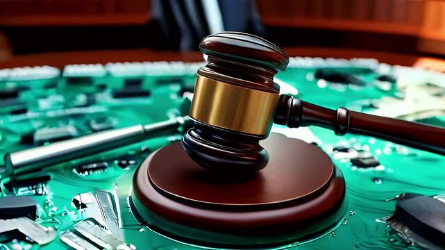 A wooden gavel, a symbol of justice, rests on a green circuit board, suggesting the legal implications of technology.
