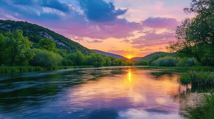 Obraz premium Serene Sunset Over Mountain River Landscape