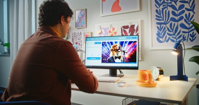 Young man types prompt in AI video generator on personal computer. Artificial intelligence chatbot generates detailed high-quality video of funny dog. From text prompt to realistic generated video.
