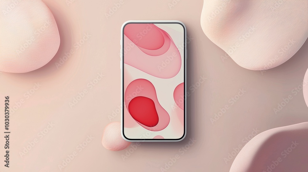 Poster modern smartphone with rounded corners displaying an abstract red design on its screen is lying on a