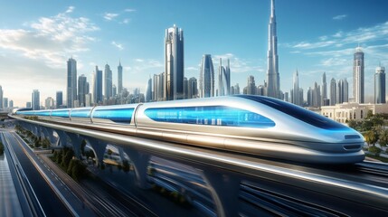 A sleek and modern maglev train moves effortlessly along elevated tracks, with stunning skyscrapers of a vibrant city in the background under a bright blue sky