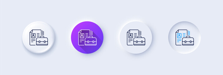 Business case with CV line icon. Neumorphic, Purple gradient, 3d pin buttons. Portfolio symbol. Vacancy or Hiring sign. Line icons. Neumorphic buttons with outline signs. Vector