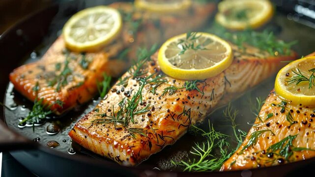 Three salmon fillets are cooking in a pan with lemon slices and dill