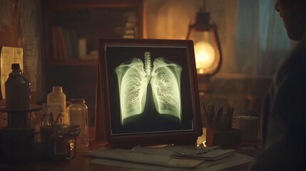 Doctor carefully examines X-ray film of patient's lungs, identifying COVID-19 complications, with medical instruments and charts in the background.