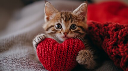 Cute tabby kitten is lying on a soft blanket, hugging a red knitted heart. The perfect image for valentine's day or any occasion that calls for cuteness