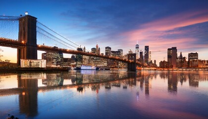 Obraz premium Brooklyn Bridge and Manhattan skyline during twilight, city lights reflecting on water, concept of urban landscapes