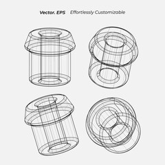 Wireframe shapes lined cylinder tube ring perspective mesh grid low poly 3D geometric retro futuristic set