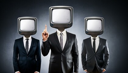 Businessmen with TV heads in suits against a dark background, one holding a finger up. Concept of media influence and conformity. Ai generative.