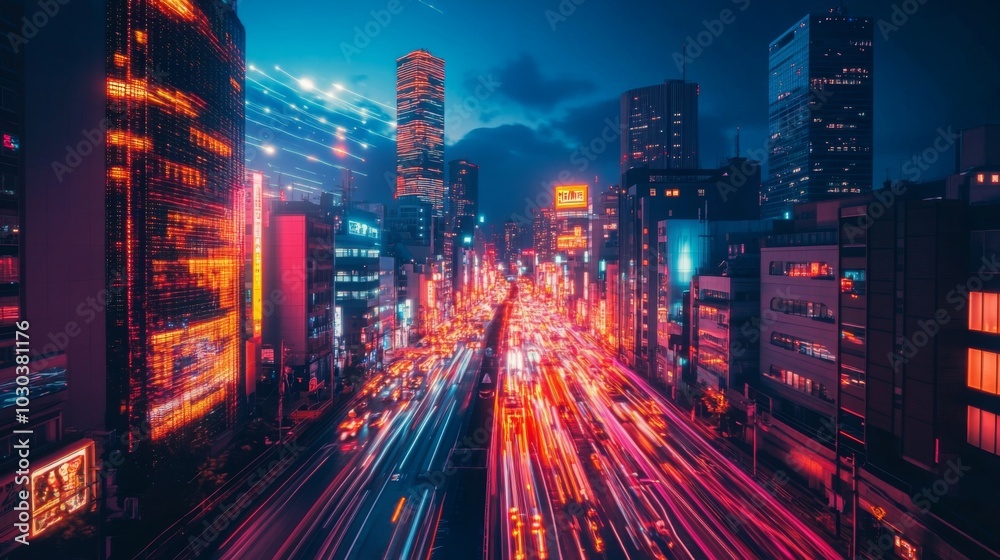 Poster the view captures a lively urban highway filled with colorful lights and moving traffic, showcasing 