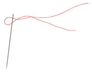 Sewing needle with red thread isolated on white