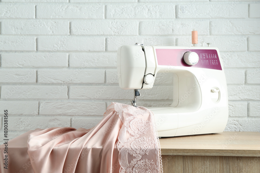 Poster Sewing machine with fabric on wooden table indoors