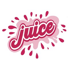 Juice (pink, rose, white) hand written lettering, juice logo, label or badge for groceries, fruit stores, packaging and advertising. Splash with drops badge Logotype design. Vector illustration.