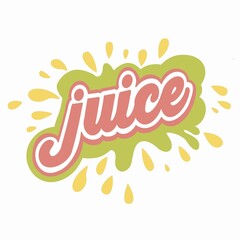 Juice (pastel yellow, green) hand written lettering, juice logo, label or badge for groceries, fruit stores, packaging and advertising. Splash with drops badge Logotype design. white background.