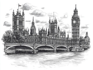 Obraz premium Hand-drawn sketch of London along the Thames River