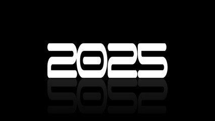 White text numbers 2025 on a black background with transition and reflection text 2025. Happy New Year 2025! Holiday card.