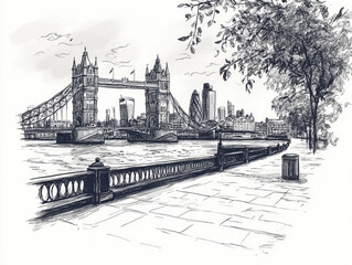 Obraz premium Hand-drawn sketch of London along the Thames River