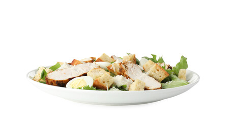 Tasty Caesar salad with chicken isolated on white