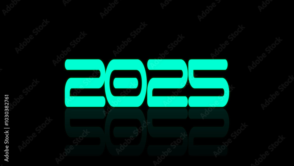Fototapete light blue text numbers 2025 on a black background with transition and reflection text 2025. happy n